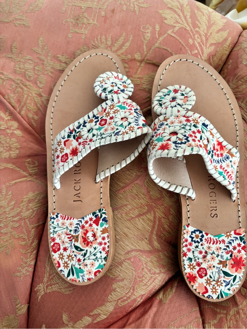 Jack Rogers White Floral Whipstitch  Sandals with Multicolor Accents - Picture 2 of 3